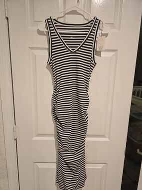 Black and White Striped Bodycon Maxi Dress with side rushing